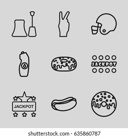 Poster icons set. set of 9 poster outline icons such as nail polish, jackpot, hot dog, donut, water bottle, american football helmet