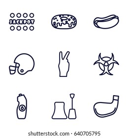 Poster icons set. set of 9 poster outline icons such as nail polish, jackpot, hot dog, donut, water bottle, hazzard, golf stick, american football helmet