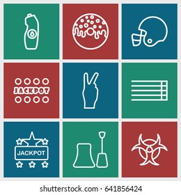 Poster icons set. set of 9 poster outline icons such as nail polish, jackpot, donut, water bottle, guitar strings, hazzard, american football helmet