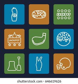 Poster icons set. set of 9 poster outline icons such as nail polish, jackpot, donut, water bottle, golf stick, american football helmet