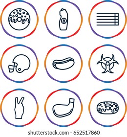 Poster icons set. set of 9 poster outline icons such as hot dog, donut, water bottle, guitar strings, hazzard, golf stick, american football helmet