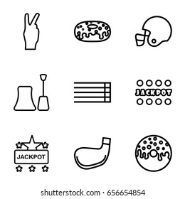 Poster icons set. set of 9 poster outline icons such as nail polish, jackpot, donut, guitar strings, golf stick, american football helmet