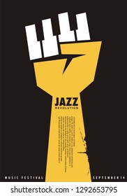 Poster Idea For Jazz Festival. Unique Creative Music Concept With Fist Shape And Piano Keys. Jazz Concert Vector Flyer.