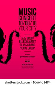 Poster idea for music event, with symbols of the violin or double bass instrument. Symbols with spots. Of artistic background. Vector illustration