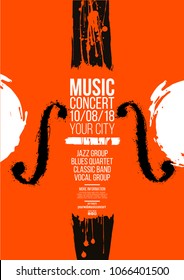 Poster idea for music event, with symbols of the violin or double bass instrument. Symbols with spots. Of artistic background. grunge style. Vector illustration