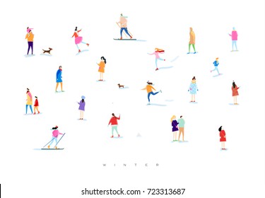 Poster illustrated people on a winter walk, skiing, skating, playing with kid and dog, lovers walk drawing  with color on white background