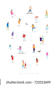 Poster illustrated people on a winter walk, skiing, skating, playing with kid and dog, lovers walk drawing with color on white background