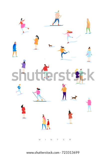 ポスターは 冬の散歩 スキー スケート 子どもと犬の遊び 愛人が白い背景に絵を描いて歩く姿を描いたものです のベクター画像素材 ロイヤリティフリー