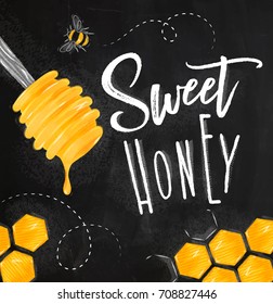 Poster illustrated spoon, honeycombs lettering sweet honey drawing on chalk background