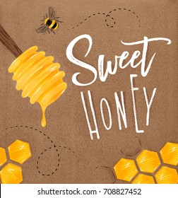 Poster illustrated spoon, honeycombs lettering sweet honey drawing on craft