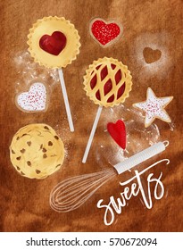 Poster with illustrated star, pie, cookie, egg, whisk, rolling pin in retro style lettering sweets drawing on craft background
