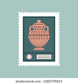 Poster with illustration of an Ancient Greek vase. Relief, ornate with floral motifs. Art, pottery, ceramics and culture. Hand drawn vector illustration isolated on colorful background.