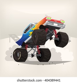 Poster illustration with cartoon monster truck standing on back wheels exhausting fume