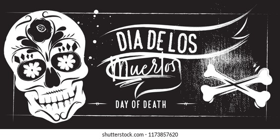 Poster illustration of chalk to the day of the dead in Mexico. Skull coal with plant elements