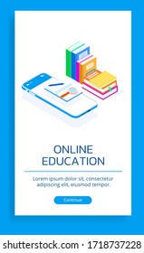 Cartel con la ilustración de la educación a distancia. Imagen con educación en línea vía smartphone. Libros, smartphone, portátil y accesorios escritos en un fondo blanco.