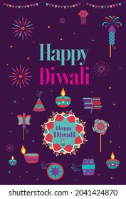 Poster illustration of Diwali festival with creative Diwali icon elements colorful Creative postcard, banner with holidays symbols all Diwali vector elements