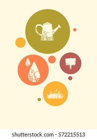 Ilustración de afiches con una lata de agua, gotitas de agua, una placa de señalización de madera y un parche de hierba