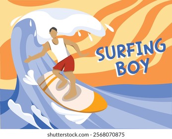  Poster Illustration: Flat Design of a Boy Surfing in the Ocean - Vector Artwork Capturing the Thrill of Summer Surfing