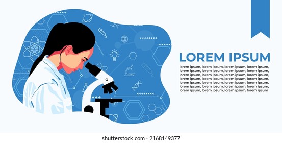 Poster illustration of girl scientist with long black hair. Wise thinking and engineering process. Chemists discovering antiviral remedies in chemical and medical laboratories. Flat design. Blue. 