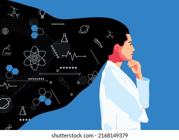 Poster-Illustration von Mädchenwissenschaftlern mit langen schwarzen Haaren. Weites Denken und Engineering Prozess. Chemiker, die antivirale Medikamente in chemischen und medizinischen Labors entdecken. Flaches Design. Blau. 