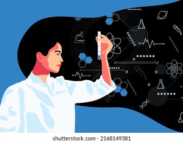 Poster illustration of girl scientist with long black hair. Wise thinking and engineering process. Chemists discovering antiviral remedies in chemical and medical laboratories. Flat design. Blue. 