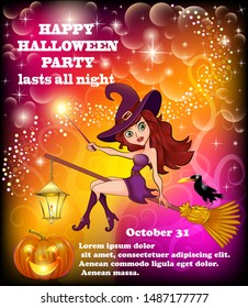 Poster illustration of a happy Halloween party with a young witch flying on a broomstick