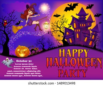 Poster illustration of a happy Halloween party with a young witch flying on a broomstick