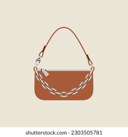 Poster with illustration of a little bag with chain. Ideal for night life, street style. Stylish handbag. Fashion and lifestyle. Hand drawn vector illustration isolated on beige background.