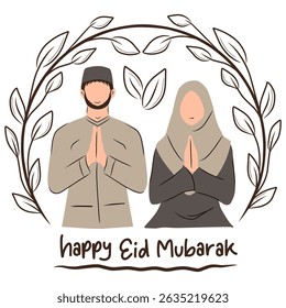 Poster illustration of Moslem, Muslim couple celebrated Eid Mubarak with minimal floral frame, Islamic holiday greeting card, happy eid mubarak.