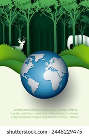 Ilustración del cartel del Día de la Madre Tierra o del Día Mundial del Medio Ambiente en estilo de corte de papel con textos de ejemplo y globo en el espacio verde claro para los textos.