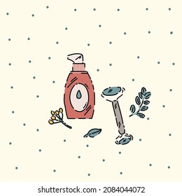 Poster with an illustration of organic skin care. Natural ingredients with a healing effect in cosmetics. Lotions, masks, cream, spa for body and face care. Vector illustration