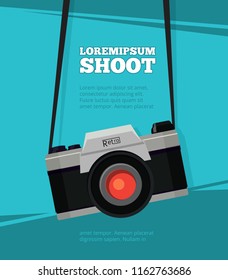 Poster with illustration of retro photo camera. Design template with place for your text. Vector camera photo vintage poster