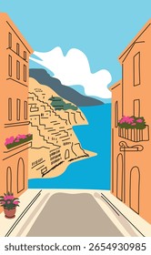 Ilustração em cartaz de uma vista para o mar das ruas da Costa Amalfitana da Itália. Design vetorial plano moderno, perfeito para projetos de viagem, decoração de parede e temas de turismo