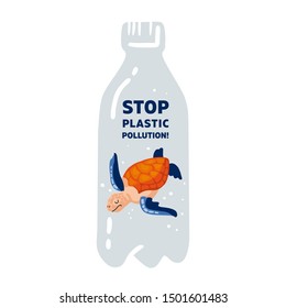 Poster illustration Stop plastic pollution! Vector flat design for World Environment Day. A sea turtle swims in in a plastic bottle. Harm to nature.