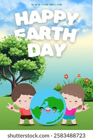 Poster illustration World Earth Day concept with globe and kids. vector illustration design template. World Environment and ecology theme for poster, background or banner. Save our day.