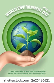 Ilustración de póster del Día Mundial del Medio Ambiente en capas de estilo de corte de papel con siembra realista en la mano humana, redacción de eventos, textos de ejemplo y globo sobre fondo verde.