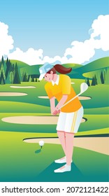 poster illustration of young women playing golf in the field in sunny day. used for banner, Stories, promotion and other