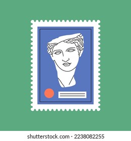 Poster with illustrations of a stamp depicting ancient Greek art. Sculpture. Mythological hero's head in white marble. Hand drawn vector illustration isolated on green background.