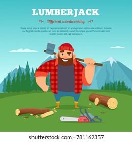 Poster with illustrations of wood machine and lumberjack. Worker with axe in green forest vector