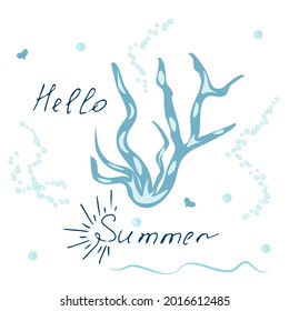 afiche con la imagen de una alga con la inscripción hola verano - ilustración vectorial, eps