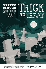 Poster with the image of an ancient cemetery at night in the moonlight surrounded by bats. Invitation banner for a Halloween spooky party. Autumn holiday of all saints. Vector illustration.