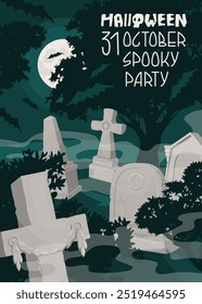 Poster with the image of an ancient cemetery at night in the moonlight surrounded by bats. Invitation banner for a Halloween spooky party. Autumn holiday of all saints. Vector illustration.