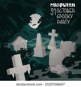 Poster with the image of an ancient cemetery at night in the moonlight surrounded by bats. Invitation banner for a Halloween spooky party. Autumn holiday of all saints. Vector illustration.