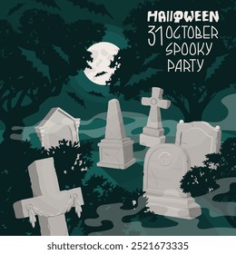 Poster with the image of an ancient cemetery at night in the moonlight surrounded by bats. Invitation banner for a Halloween spooky party. Autumn holiday of all saints. Vector illustration.