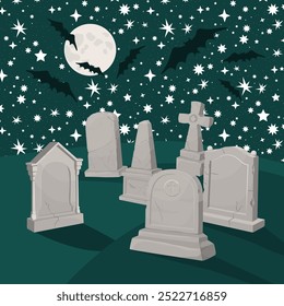 Poster with the image of an ancient cemetery at night in the moonlight surrounded by bats. Invitation banner for a Halloween spooky party. Autumn holiday of all saints. Vector illustration.