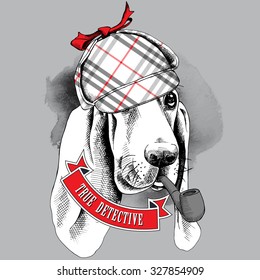 Poster with image of a Basset Hound dog in checkered deerstalker with smoking tobacco pipe. Vector illustration.