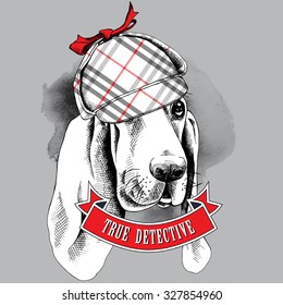 Poster with image of a Basset Hound dog in checkered deerstalker hat. Vector illustration.