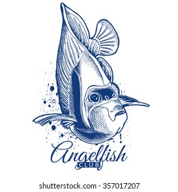 Poster with image of blue fish Emperor Angelfish. Vector illustration.