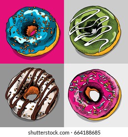 Poster with image of a Bright Donuts. Vector illustration.