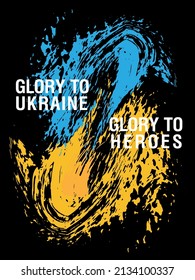 Afiche con la imagen de pinceles en los colores de la bandera de Ucrania. 
Lema "Gloria a Ucrania y gloria a los héroes"